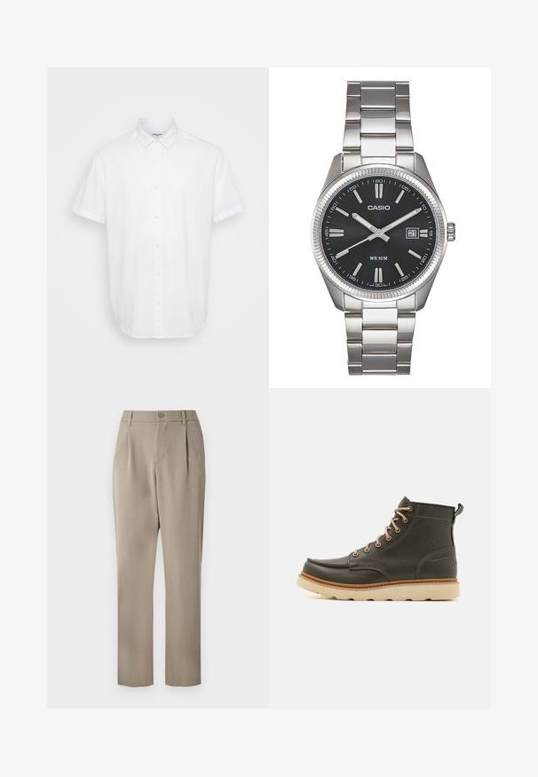 Chemise blanche à manches courtes avec boutonnières, confectionnée en tissu léger. Présente un col classique, un ourlet droit et une texture subtile.; Pantalon khaki avec une coupe droite, doté d'une fermeture à bouton et d'un devant plissé. Fabriqué en tissu lisse avec une finition mate.; Bottines en cuir vert foncé avec lacets beige, col rembourré et semelle en caoutchouc texturé. Présente un marquage imperméable et des détails de couture.; Montre en acier inoxydable argenté avec un cadran noir, indicateurs horaires marqués, affichage de la date et résistance à l'eau jusqu'à 50 mètres.