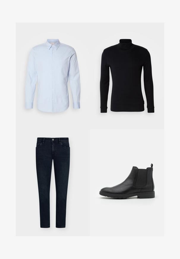 Camisa de botão de manga longa azul clara, feita de algodão, com um colarinho clássico, apresentando um pequeno logo no peito e uma bainha reta.; Camisola preta de manga longa em polo feita de um tecido suave. Apresenta um design ajustado com punhos canelados e uma textura lisa. Sem padrões ou logótipos.; Jeans de ganga azul escuro com um corte slim, design de cinco bolsos, fecho de botão e desgaste mínimo. Frente lisa e aberturas de perna estreitas.; Botim Chelsea em couro preto com painéis laterais elásticos e uma alça, apresentando um bico arredondado e sola de borracha texturizada.