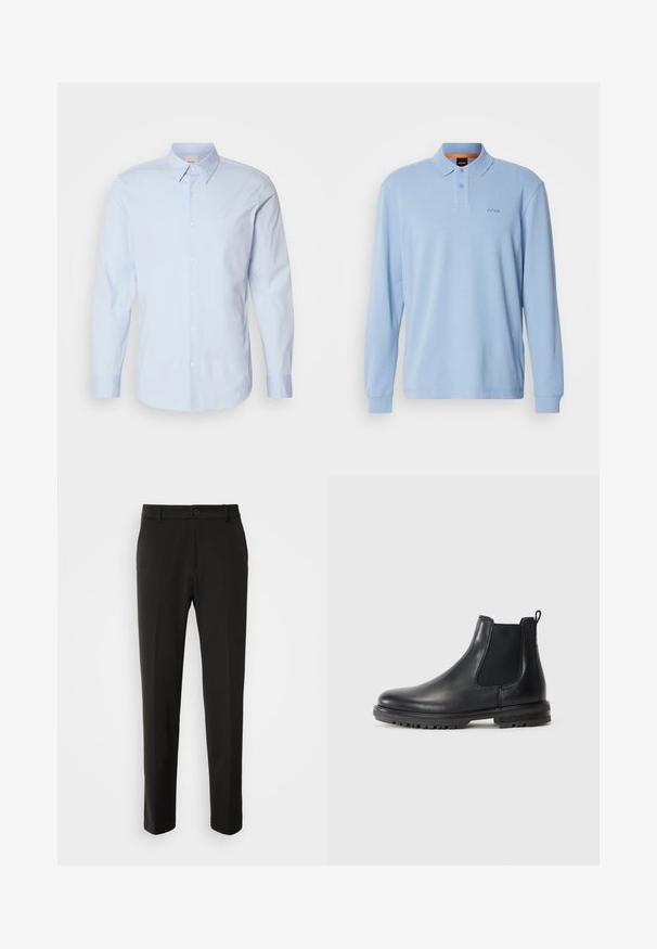 Himmelblaues langärmliges Knopfhemd aus Baumwolle mit klassischem Kragen, ausgestattet mit einem kleinen Logo auf der Brust und einem geraden Saum.; Helles blaues Langarm-Polohemd aus strukturiertem Stoff mit Kragen und Zwei-Knopf-Leiste, versehen mit gesticktem "BOSS"-Logo auf der Brust.; Schwarze Hose aus glattem Stoff, mit geraden Beinen, einem Knopfverschluss und einem klassischen Design, das sowohl für formelle als auch für legere Anlässe geeignet ist.; Schwarze Leder-Chelsea-Stiefel mit elastischen Seitenpaneelen, Ziehschlaufe, abgerundetem Zeh und robustem Profilsohle mit Traktionsrillen.