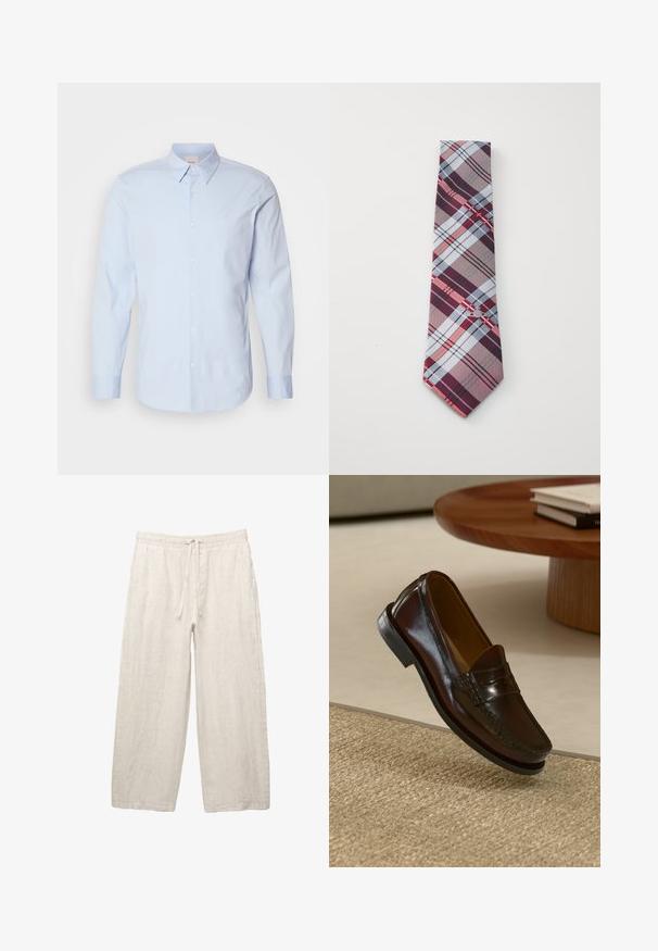 Lichtblauw overhemd met lange mouwen en knopen, gemaakt van katoen met een klassieke kraag, met een klein logo op de borst en een rechte zoom.; Linnen broeken in lichtbeige, met een elastische tailleband met een trekkoord, een wijde pasvorm en zijzakken. Gladde textuur.; Bruine leren instappers met een glanzende afwerking, voorzien van een gestikt detail aan de voorkant en een low-profile zwarte rubberen zool.; Geruite stropdas met een patroon van bordeaux, grijs, blauw en rode strepen. Gemaakt van soepel materiaal met een scherpe punt.