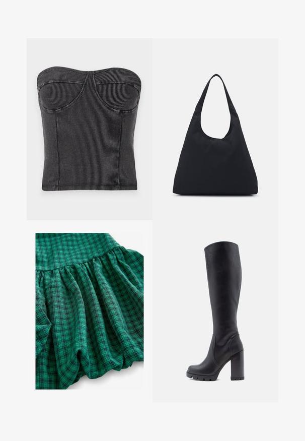 Top negru fără bretele, dintr-un material ribber, cu un design ajustat, cusături curbate și o textură netedă. Fără închideri sau embellishments vizibile.; Materialul cu carouri verzi prezintă nuanțe variate, o textură pliată și un tiv ondulat. Aspectul său sugerează că este respirabil și ușor.; Cizmă neagră până la genunchi, din piele netedă, cu toc masiv, vârf rotund, talpă texturată cu aderență, design elegant fără embellishments.; Geantă din material textil negru, cu o bandă lată pentru umăr. Formă moale, semi-structurată și textură netedă; design minimalist, fără accesorii vizibile.