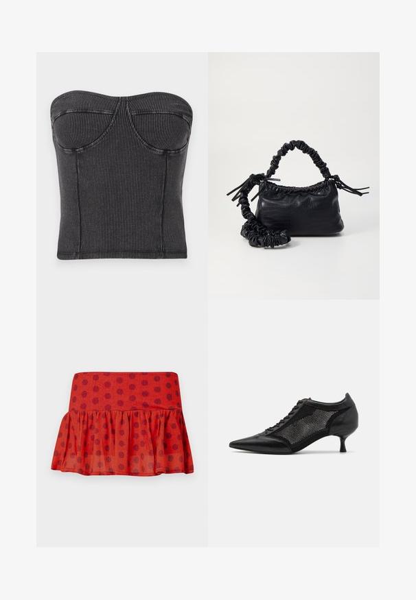 Melnā strapless blūze, izgatavota no ribotu audumu, ar pieguļošu dizainu, izliektiem vīlēm un gludu tekstūru. Nav redzami aizdari vai rotājumi.; Sarkans volāns svārks ar melniem punktiņiem, izgatavots no viegla auduma. Iespējojies ar pieguļošu jostasvārku un slāņotu dizainu.; Melnas norādītas kurpes ar sietu paneļa dizainu, kurām ir zems papēdis un šnuces priekšpuse. Izgatavotas no ādas un sieta materiāla kombinācijas.; Melnā mākslīgās ādas rokassoma ar krokodila rakstu, savilkta augšdaļa un saburzīta siksna. Izskatās mīksta un kompakta pēc dizaina.