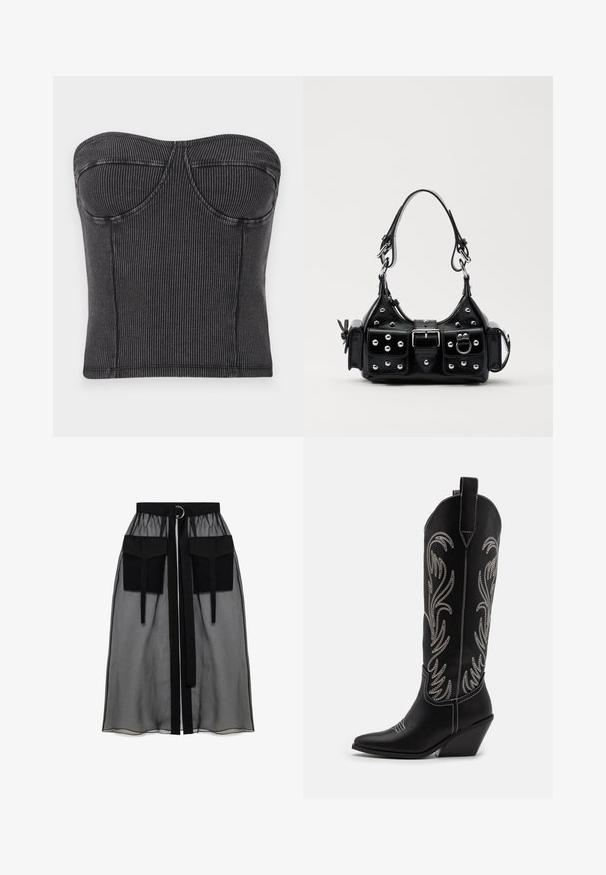 Crna beznaramenica izrađena od rebraste tkanine, sa prilagođenim dizajnom, zakrivljenim šavovima i glatkom teksturom. Nema vidljivih zatvarača ili ukrasa.; Crna prozirna suknja s nabranim pojasom, koja ima dva velika prednja džepa, remen oko struka i okrugli metalni detalj.; Crne kožne kauboj čizme s šiljastim prstima, klinastim potpeticama i srebrnim izvezenim cvjetnim uzorcima duž osovine. Kontrastni šavovi posvuda.; Crna kožna torba s zakrivljenim dizajnom, koja sadrži srebrne zakovice, kopču i dva bočna džepa. Podesiva traka za različite opcije nošenja.