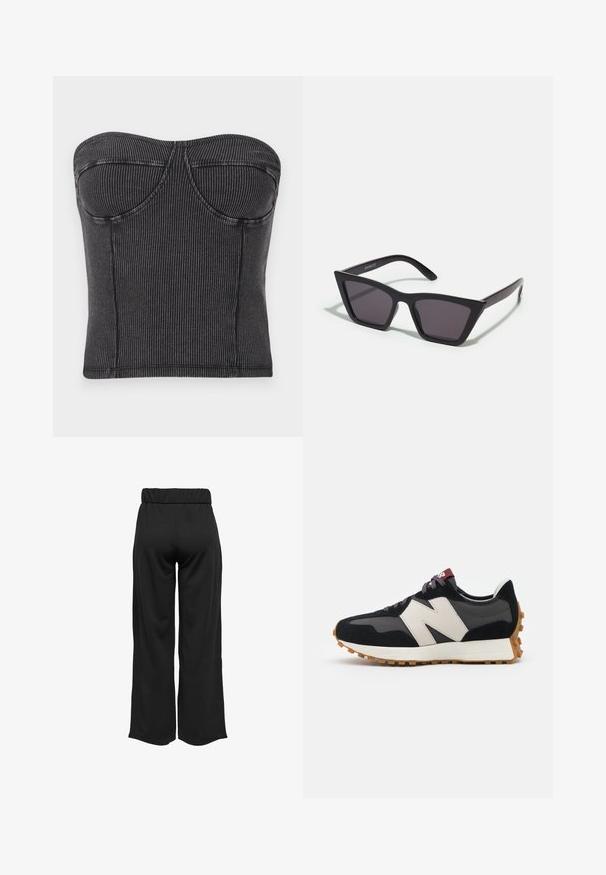 Top negro sin tirantes hecho de tejido acanalado, con un diseño ajustado, costuras curvas y una textura suave. Sin cierres ni adornos visibles.; Pantalones negros de pierna ancha con cintura elástica, fabricados en un tejido suave. Presentan un diseño limpio sin bolsillos ni detalles de costura visibles.; Zapatillas de ante negras y grises con un gran logo "N" en color crema, cordones morados y una suela de goma texturizada en color marrón.; Gafas de sol negras y angulares con lentes grises; fabricadas en plástico, con varillas gruesas de superficie suave y sin herrajes visibles.