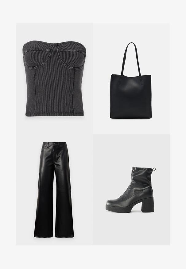 Black strapless top made of ribbed fabric, featuring a fitted design, curved seams, and a smooth texture. No visible fastenings or embellishments.; Black high-waist wide-leg faux leather pants with front button, zip closure, belt loops, and side pockets on white background.; Black ankle boots made of smooth leather, featuring a side zipper, chunky textured heel, and rounded toe design.; Black leather tote bag with smooth texture, rectangular shape, and two long handles. No visible hardware or embellishments.