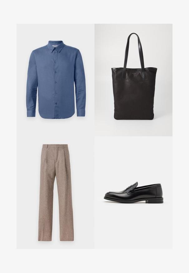 Kék, hosszú ujjú, gombos ing, hegyes gallérral és mandzsettával, fehér háttér előtt bemutatva.; Barna, magas derekú nadrág texturált anyagból. Széles szárai és két elülső redője biztosítja a struktúrát. Ízléses kivitel, látható fémszerelés nélkül.; Fekete bőr loaferek sima textúrával, kerek orral és dekoratív pánttal a vampnál. Alacsony, rétegelt sarkú, minimalista dizájn.; Fekete vászontáska fekete bőr füllel. Egyszerű dizájn, tágas test és sima textúra. Nincsenek látható logók vagy minták.