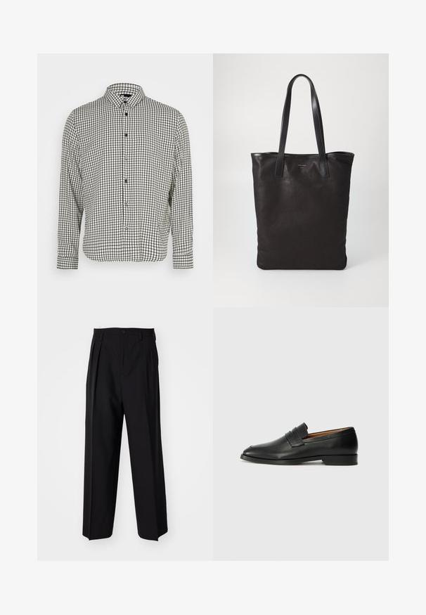 Fekete-fehér kockás, galléros, gombos ing, hosszú ujjal és egyenes aljjal. Könnyű anyagból készült, fekete gombokkal.; Fekete, pliszírozott nadrág, egyenes, széles lábakkal. Sima anyagból készült, gombos záródással és övhurkokkal rendelkezik.; Fekete bőr mokaszin, kerek orral, diszkrét varrásokkal és alacsony sarokkal, sima felülettel és minimalista dizájnnal.; Fekete vászontáska fekete bőr füllel. Egyszerű dizájn, tágas test és sima textúra. Nincsenek látható logók vagy minták.
