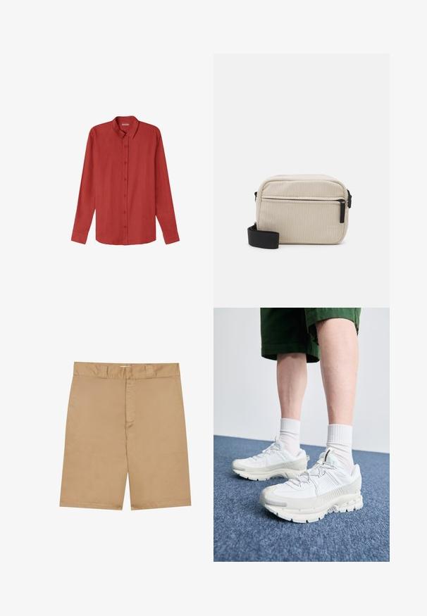 IUMAN Intimissimi Uomo Formální košile - rot; Khaki kraťasy s plochým pasem, předním zipem a bočními kapsami; vyrobené z hladké, lehké tkaniny s jemnou strukturou.; Bílé sportovní boty s texturovanými překryvy, masivní podrážkou a šedými akcenty. Na nohou mají bílé ponožky a zelené šortky na modrém povrchu.; Krémová kordurolová crossbody taška s černým zipem, odnímatelným popruhem a texturovaným vzorem. Má jednu hlavní přihrádku a přední kapsu.