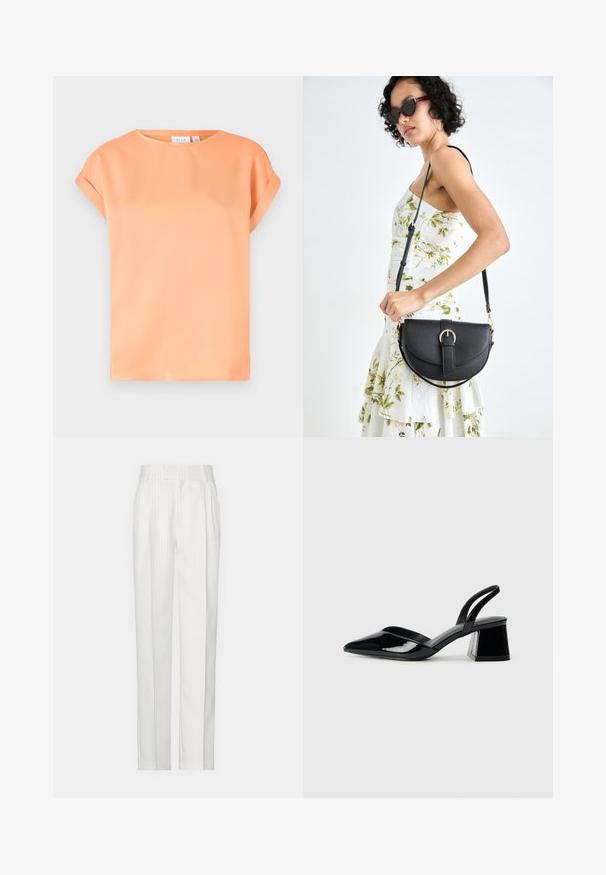 Kortærmet top i blød orange stof. Rund hals, afslappet pasform med rullede manchetter. Glat tekstur med en let glans.; Hvide stikstribede bukser med et lige ben-design, lavet af et let stof. Har foldninger foran og et traditionelt liv.; Sorte patentlæder slingback hæle med spids tå og en geometrisk blok hæl. Har et elegant, minimalistisk design og en glat tekstur.; Sort læderhåndtaske med en buet form, aftagelig rem og guldfinish. Tasken har en klap med en spænde detalje.