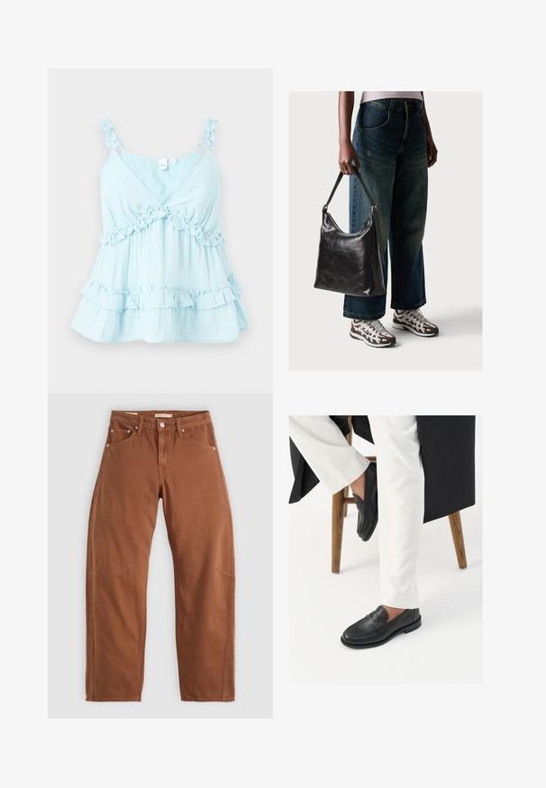 Lys blå tanktopp med volangdetaljer på stroppene og bølgete kant nederst. Laget av lett stoff med et lagdelt design.; Rostbrune rett-skaftede jeans med front- og baklommer, metallnitter, knappeåpning og beltehemper, lagt flatt på en hvit bakgrunn.; Svarte lærloafers med en glatt tekstur og et bredt stroppdetalj, brukt med hvite skreddersydde bukser. Hælen har et flatt design.; Sort skinnveske med en glatt tekstur og justerbar stropp, kombinert med falmede vide jeans og atletiske sneakers.