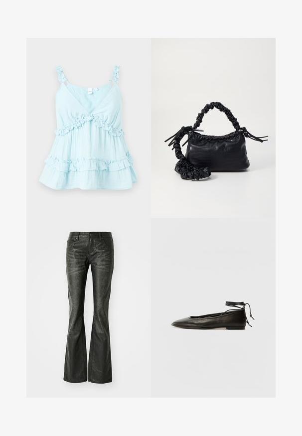 Gaiši zils bezpiedurkņu tops ar kraukšķīgām siksnām un apmalēm ar frill detalizāciju apmalē. Izgatavots no viegla auduma ar slāņotu dizainu.; Melnas mākslīgā ādas plandošas bikses ar priekšējiem kabatām, metāla pogu aizdari un nedaudz teksturētu virsmu. Taisnas kājas ar garu griezumu.; Melnas ādas baleta kurpes ar smailu purngalu, potītes saitēm un plakanu zoli, kas izceļas ar gludu tekstūru un minimālistisku dizainu.; Melnā mākslīgās ādas rokassoma ar krokodila rakstu, savilkta augšdaļa un saburzīta siksna. Izskatās mīksta un kompakta pēc dizaina.