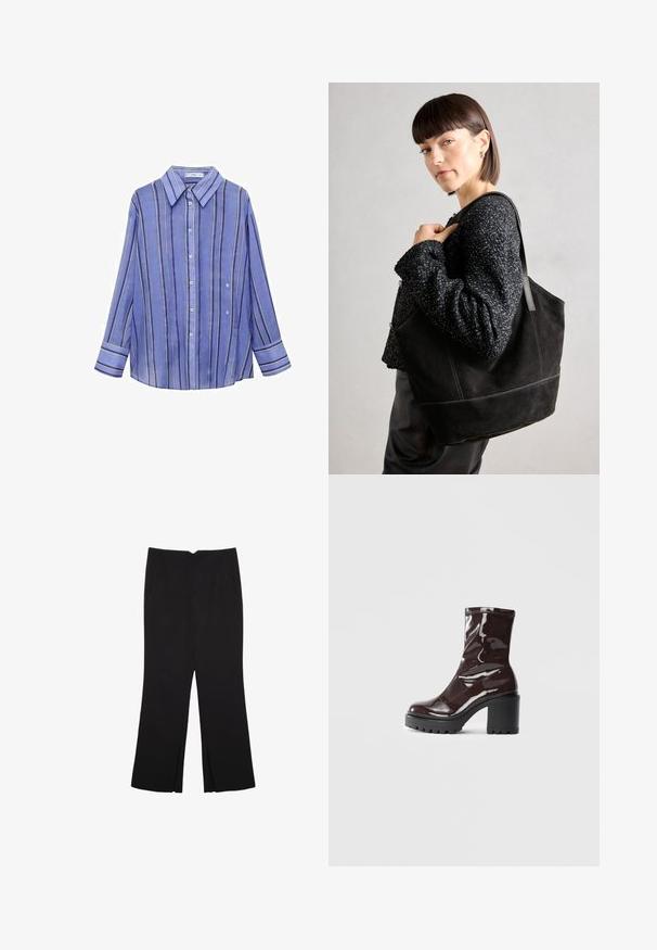 Blårandig skjorta med långa ärmar, knappstängning fram, krage och kontrasterande vertikala ränder i vitt och lila. Slät tygstruktur.; Svarta byxor med rak passform, utrustade med framfickor och sidoklyvningar vid fållen. Tillverkade av mjukt, slätt tyg. Lämpliga för olika tillfällen.; Glansig bordeauxfärgad ankelsko med en kraftig svart klack, som har en slät yta och enkel design. Inga synliga stängningar eller mönster.; Svart mocka tote-väska med en slät textur, strukturerad form och kontrasterande sömmar. Har långa bärremmar för axelbärande.