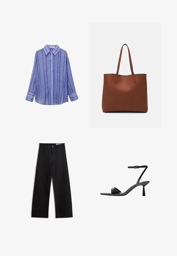 Modra prugasta srajca z dolgimi rokavi, gumbasto zapiranje spredaj, ovratnik in kontrastne vertikalne pruge v beli in vijolični barvi. Gladek teksturiran material.; Črne široke denim hlače z visokim pasom, ki imajo sprednje in zadnje žepe, šivane šive ter gumbasto zapiranje. Gladka tekstura.; Bershka Sandali z visoko peto - black; Rjava usnjena torba z gladko teksturo, odprto zasnovo zgoraj in dvema naramnima trakovoma. Opremljena je z minimalnim šivanjem in brez vidnih kovinskih delov.