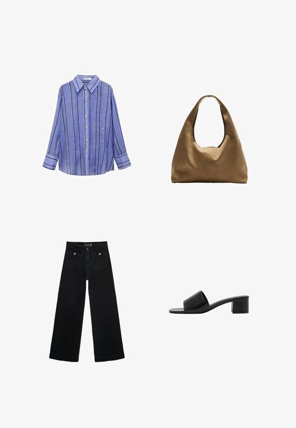 Sininen raidallinen paita, jossa on pitkät hihat, nappikiinnitys edessä, kaulus ja kontrastiväriset pystysuorat raidat valkoisena ja purppurana. Sileä kankaan pinta.; Mustat leveälahkeiset farkut korkean vyötärön kanssa, joissa on kaksi etutaskua ja metalliset nappikoristeet. Kangas on sileä.; Mustat nahkaiset avonkorkoiset liukusandaalit leveällä hihnalla ja tukevalla lohkokannan. Ominaisuuksiin kuuluu sileä pinta ja minimalismia korostava muotoilu.; Ruskea kangaskassi, jossa on leveä, pyöristetty muoto ja suuri leikattu kahva. Pehmeä pinta, minimalistinen muotoilu ja ei näkyvää metalliosaa.
