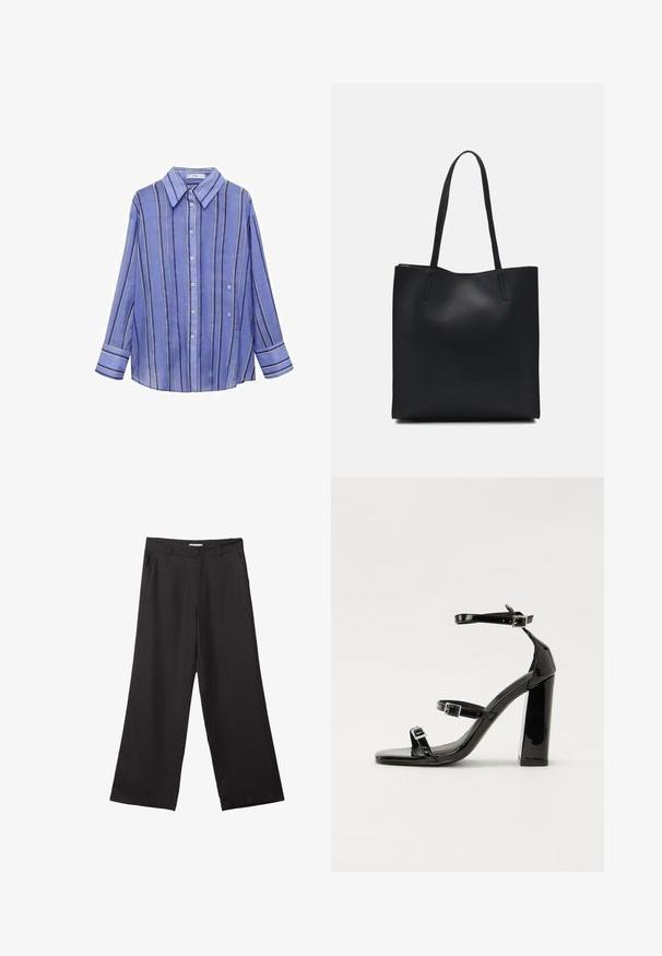 Modrá pruhovaná košile s dlouhými rukávy, zapínáním na knoflíky vpředu, límečkem a kontrastními vertikálními pruhy v bílé a fialové barvě. Hladká textilie.; Černé široké kalhoty vyrobené z hladké tkaniny, s předním zipem a dvěma bočními kapsami, s dobře padnoucím střihem a minimalistickým designem.; Černé lakované sandály na podpatku se čtveratou špičkou, lýtkovými pásky a stříbrnými přezkami. Disponují masivním blokovým podpatkem pro stabilitu.; Černá kožená taška přes rameno s hladkým povrchem, obdélníkovým tvarem a dvěma dlouhými uchy. Žádné viditelné kování ani ozdoby.