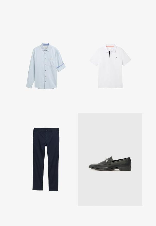 Világoskék ing, hosszú ujjal, feltekert mandzsettákkal, egyetlen mellzsebbel és barna gombokkal. Puha szövetmintázat.; Fehér póló fekete gallérral, narancssárga díszítéssel, rövid ujjú, és egy kis logóval a mellkason. Lélegző pamutkeverékből készült.; Sötétkék, könnyű nadrág sima textúrával, egyenes szárú dizájnnal, gombos záródással és oldalsó zsebekkel.; Fekete bőr loaferek sima felülettel, varrott mintával és díszítő fém lánccal a cipő elején. Lapos sarok.