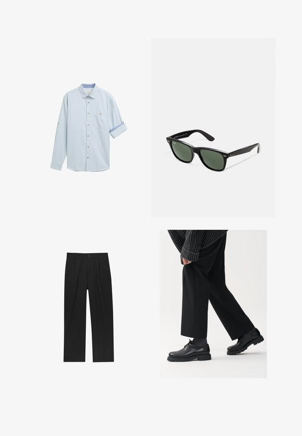 Vaaleansininen napapaita, jossa on pitkät hihat, käännetyt hihansuut, yksi rintatasku ja ruskeat napit kiinnitystä varten. Pehmeä kangas.; Mustat housut suoranlahkeisella muotoilulla, valmistettu sileästä kankaasta. Ominaisuuksiin kuuluu etupleateet ja yksi nappikiinnitys vyötäröllä.; Mustat nahkakengät, joissa on pyöreä kärki, nauhakiinnitys ja paksu, teksturoitu pohja. Yhdistetty räätälöityjen mustien housujen ja ribbivillapuseron kanssa.; Mustat muoviset aurinkolasit, joissa on vihreät linssit, neliönmuotoiset kehykset, hopeinen yksityiskohta kulmakarvojen kohdalla sekä tekstuuriset temppeleiden varret. Brändi ilmoitettu sisävarsissa.