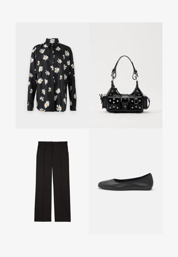Black button-up shirt featuring a daisy print in white and yellow. Made of smooth fabric with a classic collar and long sleeves.; Black tailored trousers made of a smooth fabric, featuring a straight-leg design, and two side pockets. Elegant and minimalistic construction.; Black leather ballet flat with a rounded toe, smooth texture, minimal stitching detail, and a flexible sole design.; Black leather handbag with a curved design, featuring silver studs, a buckle, and two side pockets. Adjustable strap for carrying options.