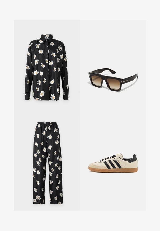 Fekete gombos ing, fehér és sárga margaréta mintával. Simító anyagból készült, klasszikus gallérral és hosszú ujjal.; Fekete pizsamanadrág könnyű anyagból, rugalmas derékkal, fehér bársonyos virágmintával és narancssárga középpel az egész felületen.; Beige sportcipő fekete csíkokkal, gumi talppal és fekete részletekkel. Simára cserzett bőr felsőrésze és kerek orra van.; Teknőc páncélszínű napszemüveg négyzet alakú kerettel, átmeneti barna lencsékkel és finom arany részletekkel a szárakon.