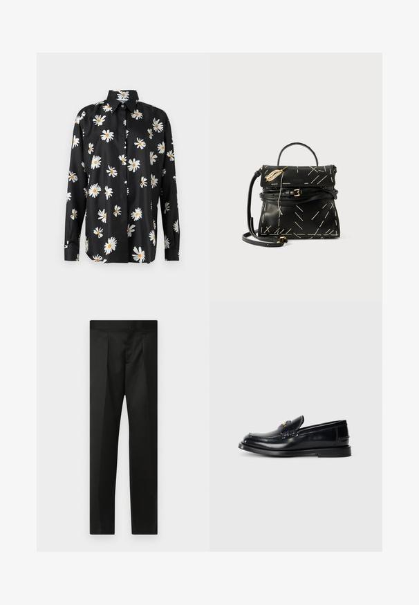 Camicia nera con bottoni, caratterizzata da una stampa di margherite bianca e gialla. Realizzata in tessuto liscio, con colletto classico e maniche lunghe.; Pantaloni neri realizzati in un tessuto morbido, design su misura, gambe dritte e una vita piatta senza chiusure o tasche visibili.; Mocassino in pelle nera con un design cucito, una piccola linguetta anteriore e una suola in gomma piatta. Texture liscia con dettagli in metallo dorato.; Borsetta in pelle nera con cucitura geometrica bianca, manico superiore e tracolla staccabile. Caratterizzata da dettagli dorati e chiusura con zip.