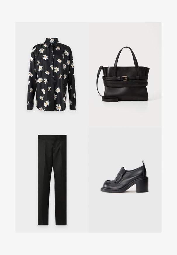 Mustakoroinen napilla oleva paita, jossa on valkoisia ja keltaisia päivänkakkarakuvioita. Valmistettu sileästä kankaasta, jossa on klassinen kaulus ja pitkät hihat.; Mustat housut, joissa on sileä kangas, räätälöity muotoilu, suorat lahkeet sekä litteä vyötärö ilman näkyviä kiinnityksiä tai taskuja.; Mustat nahkaiset korkokengät, joissa on pyöreä nenä, huomattava nauha vampin yli ja tukevan korko muotoilu. Tassun pinta on sileä ja ompeleet ovat minimaalista.; Musta nahkakäsilaukku, jossa on jämäkkä muotoilu, kaksinkertaiset yläkahvat, irrotettava hihna ja kultainen solki vaakasuoralla nauhassa.