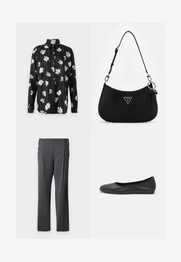 Chemise noire à manches longues avec un imprimé marguerite en blanc et jaune. Fabriquée en tissu lisse avec un col classique.; Pantalons ajustés gris avec une coupe droite, plis à l'avant et boutons décoratifs sur les côtés pour plus de détails. Texture de tissu lisse.; Ballerines en cuir noir avec un bout rond, texture lisse, détails de couture minimalistes et design de semelle flexible.; Sac à épaule synthétique noir avec une silhouette courbée, une finition texturée, un logo triangulaire en or et des accents matériels détachables.