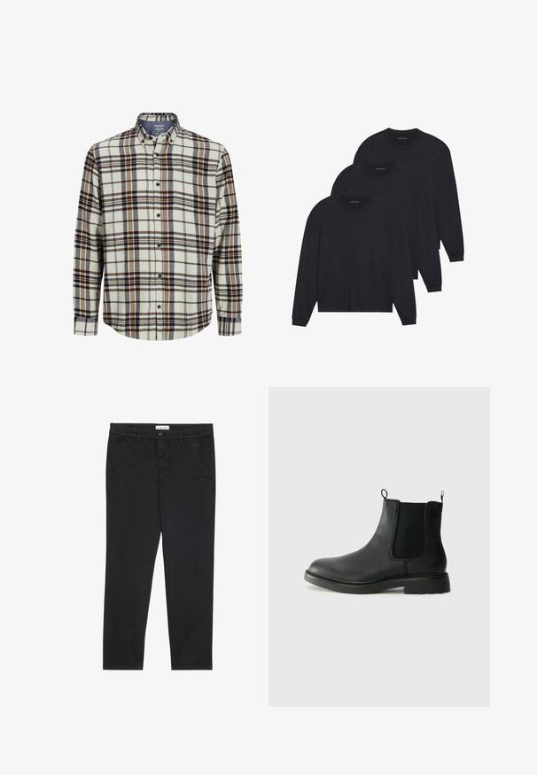 Cămașă flannel în carouri, crem, albastru și maro. Mâneci lungi, închidere cu nasturi în față, guler standard, cu un buzunar pe piept și edge rotunjit.; Trei cămăși negre cu mânecă lungă, dintr-un material moale, având guler rotund și manșete ajustate. Design minimalist fără niciun model vizibil.; Pantaloni din bumbac negri cu o croială slim, având două buzunare laterale și închidere frontală cu buton. Material texturat cu detalii subtile.; Bocanci Chelsea din piele neagră, cu panouri laterale elastice, mânere de prindere, vârf rotunjit și talpă din cauciuc texturat. Suprafață netedă și design robust.