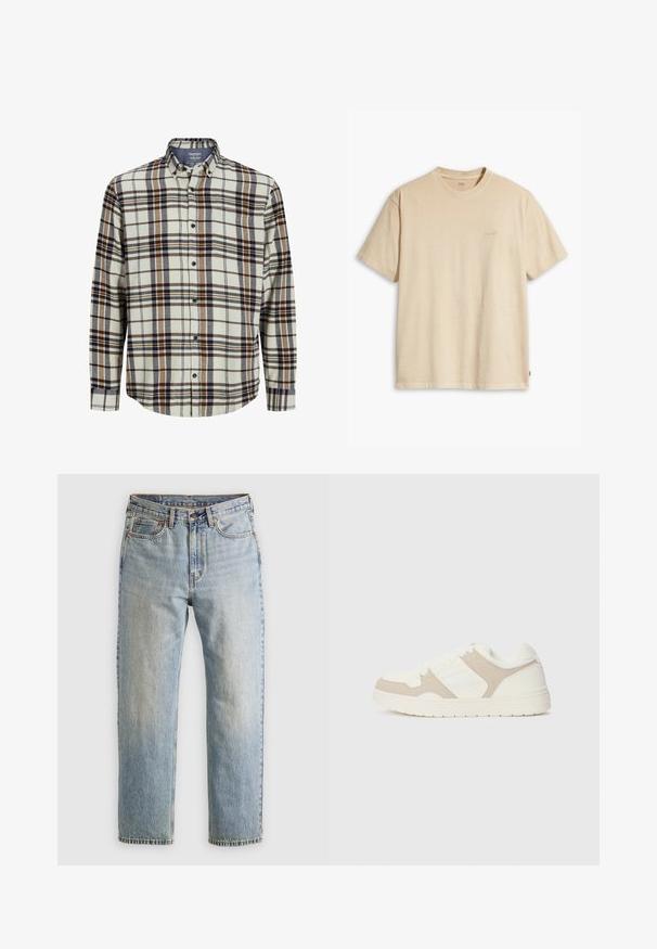 Kostkovaná flanelová košile v krémové, modré a hnědé barvě. Dlouhé rukávy, zapínání na knoflíky, standardní límec, s hrudní kapsou a zakulaceným spodním lemem.; Béžové bavlněné tričko s kulatým výstřihem a krátkým rukávem. Na hrudi má decentní logo "Levi's" ve stejné barvě. Měkká textura.; Svetle modré džíny z denimu s vysokým pasem, předním knoflíkem, zipem a designem s pěti kapsami, ležící rovně na neutrálním pozadí.; Bílo-beige tenisky s kombinací hladkého a semišového materiálu, kulatou špičkou, šněrováním a plochou gumovou podešví.