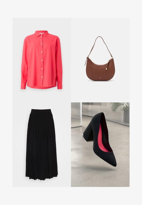Coral long-sleeve shirt with a button-down collar, made of lightweight fabric, featuring a straight cut and white front buttons.; Black pleated skirt with a high, stretchy waistband. Made from soft fabric, featuring vertical pleats for a flowing silhouette.; Black high heel shoe with a pointed toe, textured surface, and a vibrant pink interior. Features a chunky heel with silver accent.; Brown faux leather shoulder bag with curved shape, minimal stitching, and a gold-tone hardware accent. Features a top zipper closure and adjustable strap.