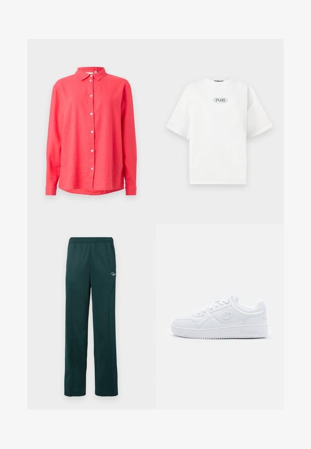 Coral long-sleeve shirt with a button-down collar, made of lightweight fabric, featuring a straight cut and white front buttons.; White short-sleeve t-shirt made of cotton, featuring a graphic logo in green within an oval shape at the center of the chest.; Dark green sweatpants made of soft fabric, featuring an elastic waistband and side seams, with a small logo on the front.; White sneaker made of smooth synthetic material, featuring round toe, flat sole, and subtle logo accents on the sides. Classic low-top design.