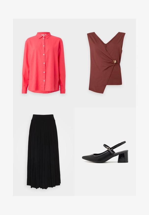 Korallkrāsas ilgām piedurknēm krekls ar pogām apakšējā daļā, izgatavots no viegla auduma, ar taisnu piegriezumu un baltām pogām priekšā.; Bez piedurknēm brūns apvalks ar asimetrisku apakšmali un zelta dekoratīvo sprādzi sānos.; Melna plisētā svārku ar augstu, izstiepjamu jostasvietu. Izgatavoti no mīksta auduma, ar vertikālām plisēm, kas rada plūstošu siluetu.; Melns patentēts ādas sandales ar norādīta pirksta formu, noapaļotu izgriezuma dizainu un bloķētu papēdi. Iezīmēta ar zelta toņa sprādzi.