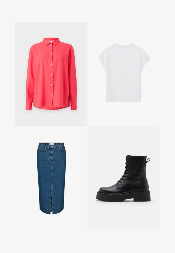 Korall színű, hosszú ujjú ing, lenyitható gallérral, könnyű anyagból készült, egyenes szabású, fehér elülső gombokkal.; Fehér, rövid ujjú felső, amely laza szabású, könnyű anyagú és kerek nyakú. A hátoldali nézet sima, egyszerű dizájnt mutat.; Sötétkék farmer ceruzaszoknya, elülső hasítékkal, öt zsebbel és kontrasztos varrással. Közepes derékmagasság, klasszikus dizájn.; Fekete bőr bokacsizma, kerek orral, fűzős elülső résszel és vastag, texturált gumitalppal. Húzófül hátul.