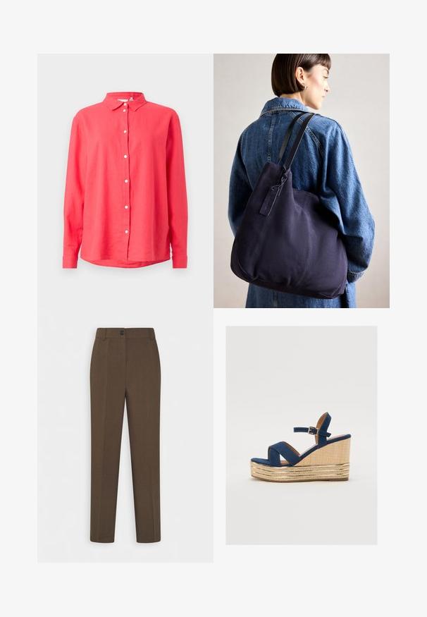 Korall színű, hosszú ujjú ing, lenyitható gallérral, könnyű anyagból készült, egyenes szabású, fehér elülső gombokkal.; Egyenes szárú barna nadrág övhurkokkal és egyetlen elülső gombos záródással, fehér háttér előtt bemutatva.; Tengerészeti kékszínű wedges szandál keresztbe fölmérő pántokkal, texturált természetes rostból készült talppal, és arany fémes díszítéssel az alján.; Tengerészkék vászon válltáska, puha, struktúrált formával, fekete pánttal, varrott részletekkel és egy kis márkajelzéssel.