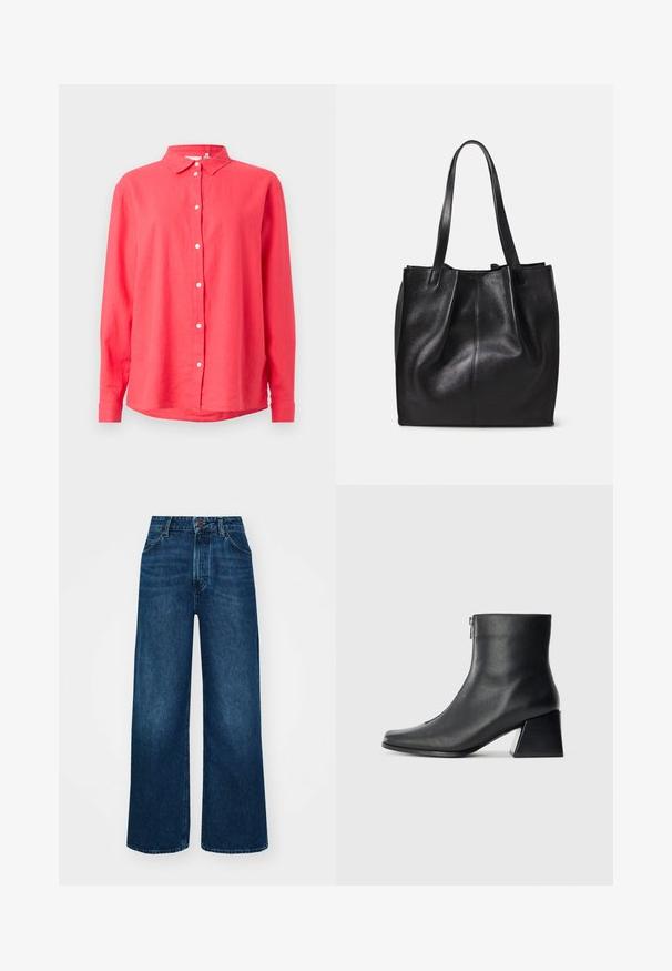 Koraldna košulja dugih rukava s kragnom na gumbe, izrađena od laganog materijala, s ravnim krojem i bijelim gumbima sprijeda.; Traperice viskog struka i širokih nogavica tamnoplave boje s glatkom teksturom, kontrastnim šavovima i dizajnom s pet džepova. Prednje zakopčavanje na gumb.; Crne kožne gležnjače sa četvrtastim vrhom, bočnim patentnim zatvaračem i blok petom na jednostavnoj svijetloj pozadini.; Crna kožna torba sa teksturiranom površinom, jednim odjeljkom i dvije duge drške. Mekan, nestrukturiran oblik bez vidljivih metalnih dijelova.