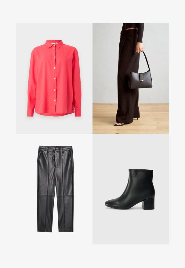 Koraalkleurig overhemd met lange mouwen en een button-down kraag, gemaakt van lichtgewicht stof, met een rechte snit en witte knopen aan de voorkant.; Zwarte leren broeken met een gladde textuur, voorzien van een rechte pasvorm, twee voorzakken en zichtbare naaddetail.; Zwarte leren enkellaarzen met een spitse neus en een chunky hak. Gladde textuur met minimale accenten en een slank, strakk ontwerp.; Zwarte handtas met gestructureerde vorm, gladde textuur en een metalen sluiting. Gecombineerd met brede zwarte broeken en sandalen met open teen op een houten vloer.