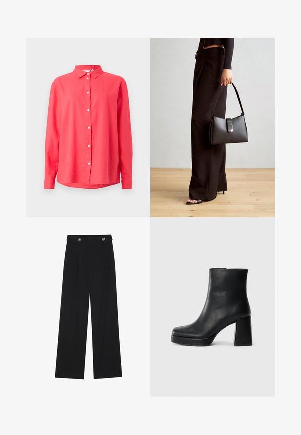 Koralfarbenes Langarmhemd mit Button-Down-Kragen, aus leichtem Stoff, mit geradem Schnitt und weißen Frontknöpfen.; Schwarze weite Hosen mit hoher Taille, Knopfdetails am Bund und vorderen Falten.; Schwarze Leder-Stiefelette mit Blockabsatz und Plattformsohle, seitlich auf einem schlichten weißen Hintergrund betrachtet.; Schwarze Handtasche mit strukturierter Form, glatter Textur und einem metallischen Verschluss. Kombiniert mit weiten schwarzen Hosen und offenen Sandalen auf einem Holzboden.