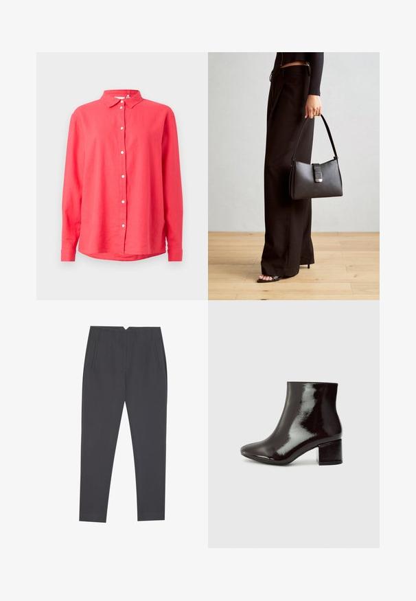 Soomus, millel on pikk varrukas ja nööpidega krae, on korallivärvi, kerge materjaliga, otse lõikega ning valgete esinööbiga.; Tumed hallid kitsad püksid küljetaskute ja esikortsudega, loodud kohandatud istuvuse jaoks.; Mustad nahast pahkluu saapad terava ninaga ja jämeda kontsaga. Sile tekstuur koos peene läike ja puhaste joontega, minimalistlik disain.; Must musta kott, millel on struktureeritud kuju, sile tekstuur ja metallist klamber. Kombineeritud laiate mustade pükstega ja avatud varvaste sandaalidega puidust põrandal.