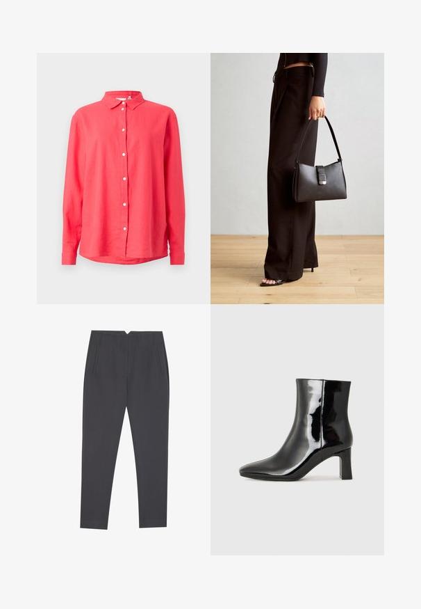 Koralfarbenes Langarmhemd mit Button-Down-Kragen, aus leichtem Stoff, mit geradem Schnitt und weißen Frontknöpfen.; Dunkelgraue, taillierte Hose mit seitlichen Taschen und vorderen Falten, entworfen für eine maßgeschneiderte Passform.; Schwarzer Lackleder-Stiefelette mit spitzer Zehe und einem mittelhohen Blockabsatz. Glatte Textur und minimalistisches Design.; Schwarze Handtasche mit strukturierter Form, glatter Textur und einem metallischen Verschluss. Kombiniert mit weiten schwarzen Hosen und offenen Sandalen auf einem Holzboden.