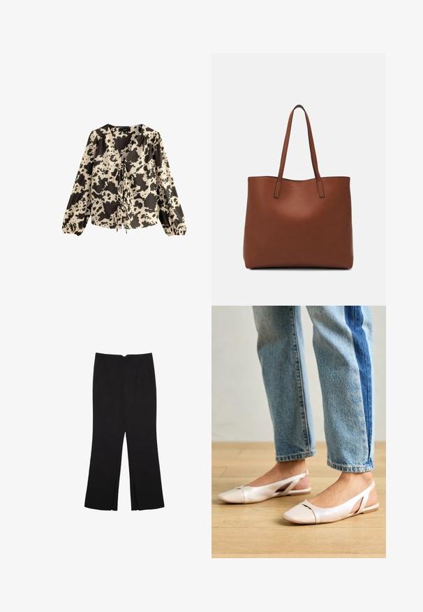 Blusa a manica lunga in stampa maculata crema e nera. Presenta un profondo scollo a V con un nodo frontale e maniche gather con polsini elasticizzati.; Pantaloni neri a gamba dritta, con tasche frontali e spacchi laterali all'orlo. Realizzati in tessuto morbido e liscio. Adatti a diverse occasioni.; Ballerine slingback rosa pallido con punta affusolata, realizzate in un materiale simile alla pelle liscio. Presentano dettagli a taglio sui lati e un tacco piatto.; Borsa tote in pelle marrone con texture liscia, design con apertura superiore e due spallacci. Presenta cuciture minime e nessun hardware visibile.