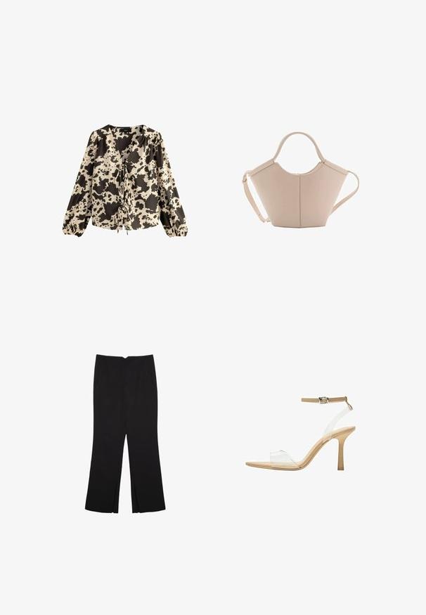 Blusa a manica lunga in stampa maculata crema e nera. Presenta un profondo scollo a V con un nodo frontale e maniche gather con polsini elasticizzati.; Pantaloni neri a gamba dritta, con tasche frontali e spacchi laterali all'orlo. Realizzati in tessuto morbido e liscio. Adatti a diverse occasioni.; Sandal con tacco trasparente e parte superiore trasparente, plantare beige e una sottile cinghia alla caviglia. Presenta una punta appuntita e un tacco alto e sottile.; Borsa in pelle beige con una forma unica, caratterizzata da due manici corti e una lunga tracolla regolabile. Texture liscia con hardware minimale.