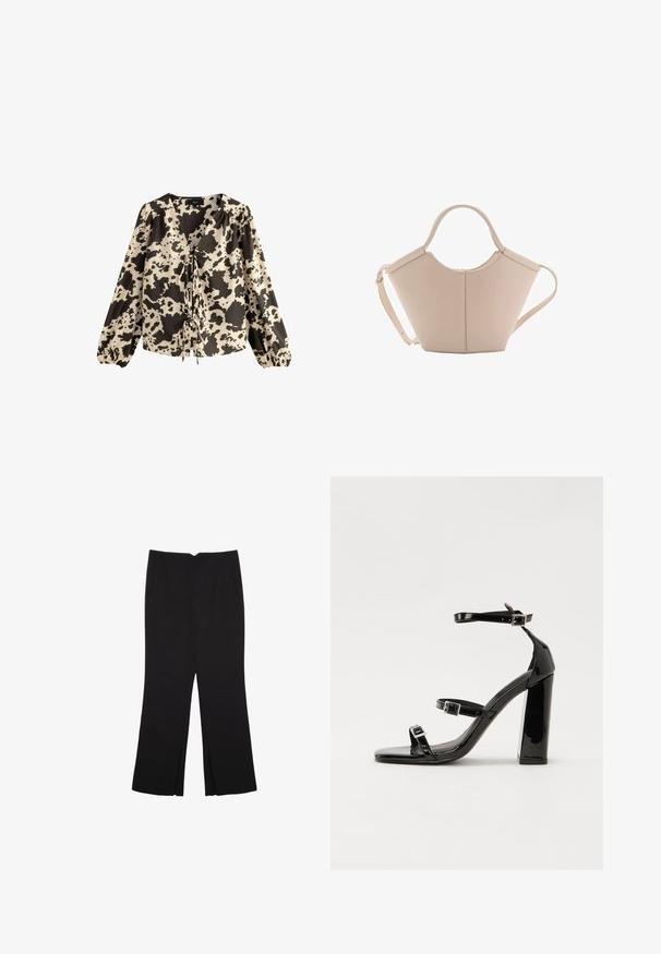 Blouse à manches longues en imprimé vache crème et noir. Dotée d'un décolleté en V profond avec un devant noué et des manches froncées avec des poignets élastiques.; Pantalon noir avec une coupe droite, doté de poches avant et d'éclairs sur l'ourlet. Fabriqué en tissu doux et lisse. Convient à diverses occasions.; Sandales à talons vernies noires avec un bout carré, des sangles autour de la cheville et des boucles en argent. Dotées d'un talon bloc épais pour plus de stabilité.; Sac à main en cuir beige avec une forme unique, doté de deux poignées courtes et d'une longue sangle réglable. Texture lisse avec un minimum de matériel.