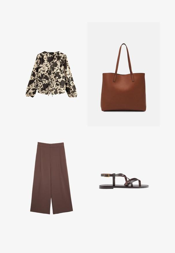 Long-sleeve blouse in cream and black cow print. Features a deep V-neck with a tied front and gathered sleeves with elastic cuffs.; Brown wide-leg trousers with a smooth texture, featuring a high waist and front pleats. The fabric is lightweight and flows loosely.; Brown leather sandal featuring crisscross straps, an ankle buckle closure, and a flat sole with minimal stitching details.; Brown leather tote bag with a smooth texture, open top design, and two shoulder straps. Features minimal stitching and no visible hardware.