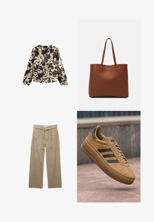 Blúzka s dlhým rukávom v krémovej a čiernej farbe s motívom kravy. Obsahuje hlboký výstrih do V so zaväzovaním vpredu a nariasené rukávy s elastickými manžetami.; Béžové nohavice s širokými nohavicami vyrobené z odolnej textílie, s veľkými prednými vreckami, vrkočovým opaskom a diskrétnymi švovými detailmi.; Svetlé semišové tenisky s hladkým povrchom, obsahujúce tri tmavé pruhy, zaoblenú špičku a hrubšiu podrážku so vzorovaným okrajom.; Hnedá kožená taška na rameno s hladkou textúrou, otvoreným vrchom a dvoma ramenými popruhmi. Má minimálne šitia a žiadne viditeľné kovania.