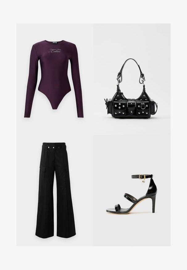 Långärmad bodysuit i djup lila, tillverkad av elastiskt tyg, med hög halsringning och en silverlogotyp på bröstet.; Svarta vida byxor med hög midja, med stora sidofickor, två framknappar och en ögla. Tillverkade av kraftigt tyg.; Svart lackskinnsandaler med tre remmar, ankelspänne och 10 cm stilettklack. Har detaljer i guldmetall och logokaraktär.; Svart läderhandväska med en kurvad design, prydd med silverfärgade nitar, ett spänne och två sidofickor. Justerbar rem för olika bäralternativ.