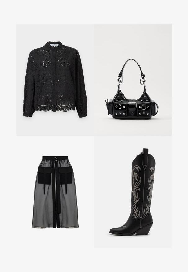 Musta nappipaitapusero pitkillä hihoilla, jossa on monimutkainen reikäkudontamalli ja aaltoileva helma. Valmistettu kevyestä kankaasta, jossa on teksturoitu pinta.; Musta läpinäkyvä hame, jossa on kerätty vyötärö, kaksi suurta etutaskua, vyönauha ja pyöreä metallikoriste.; Mustat nahkasaappaat cowboy-tyyliin, joissa on terävät varpaat, viistot korot ja hopeiset brodeeratut kukkakuviot varressa. Eroava ompelu koko saappaassa.; Musta nahkainen käsilaukku, jossa on kaareva muotoilu, hopeiset niitit, solki ja kaksi sivutaskua. Säädettävä olkahihna erilaisiin kantovaihtoehtoihin.