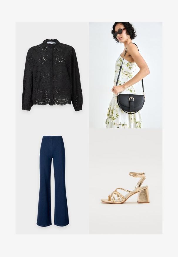 Zwarte blouse met knoopsluiting en lange mouwen, met een ingewikkeld gaatjesontwerp en een scalloped zoom. Gemaakt van lichtgewicht stof met een textuur. ; Donkerblauwe flared jeans van denim met een elastische tailleband. Heeft een gladde textuur en een wijde broekspijpenontwerp dat tot aan de zoom reikt.; Gouden metallic gestileerde sandaaltjes met hoge hakken, voorzien van een straps ontwerp, vierkante blokhak en een verstelbare enkelband met een gesp. Gladde textuur.; Zwarte leren handtas met een gebogen vorm, afneembare schouderband en gouden hardware. De tas heeft een klep met een gespsluiting.