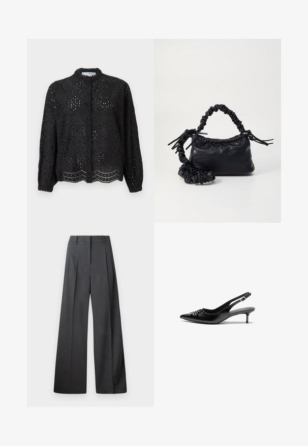 Melna korsetēta blūze ar garām piedurknēm, kurai ir sarežģīts acs dizains un viļņota apakšmala. Izgatavota no viegla auduma ar strukturētu virsmu.; Platās kājas bikses tumši pelēkā audumā, ar augstu jostasvietu, ar vienu uzpūstu vīli un gludu tekstūru ar tīru apdari ap malām.; Melni ādas sandales ar norādītu pirkstu, mazu kaķa papēdi un dekoratīvu mezglu detaļu priekšā. Gluda tekstūra visā virsmā.; Melnā mākslīgās ādas rokassoma ar krokodila rakstu, savilkta augšdaļa un saburzīta siksna. Izskatās mīksta un kompakta pēc dizaina.