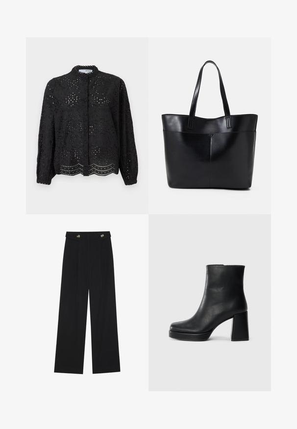 Musta nappipaitapusero pitkillä hihoilla, jossa on monimutkainen reikäkudontamalli ja aaltoileva helma. Valmistettu kevyestä kankaasta, jossa on teksturoitu pinta.; Mustat leveälahkeiset housut, joissa on korkea vyötärö, napit vyötärönauhassa ja etupuolella laskokset.; Musta nahkasaapas nilkkapituisena, jossa on paksu korko ja alustapohja, nähtynä sivulta yksinkertaisella valkoisella taustalla.; Musta nahkainen kassi, jossa on kaksi pitkää kahvaa, sileä pinta ja jämäkkä muoto. Sisältää etutaskun lisävarastointia varten.