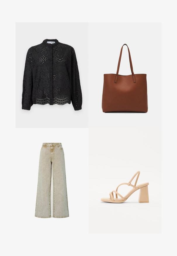 Blusa nera abbottonata con maniche lunghe, caratterizzata da un intricato design ad occhio di pernice e orlo scallop. Realizzata in tessuto leggero con una finitura texturizzata.; Jeans a gamba larga in denim beige chiaro con una finitura testurizzata, caratterizzati da un'alta vita, passanti per cintura e cuciture a contrasto sulle cuciture.; Sandal nuda con tacco a blocco quadrato, cinturini sottili e una finitura liscia e lucida. Design semplice con parte superiore a cinturini.; Borsa tote in pelle marrone con texture liscia, design con apertura superiore e due spallacci. Presenta cuciture minime e nessun hardware visibile.
