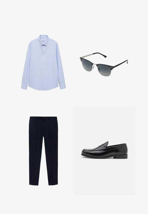 Mango Cămașă - light blue; Pachet de trei tricouri: unul negru și două albe. Fiecare are guler rotund, mâneci scurte și este confectionat dintr-un material de bumbac neted.; Pantaloni bleumarin cu design la fața plată, realizați dintr-un material neted. Detalii incluse: două buzunare laterale și fermoar cu închidere prin buton.; Mocasini din piele neagră, cu vârf rotunjit, cusături decorative și toc mic. Textură netedă cu un luciu subtil. Design clasic, fără ornamentații.; Ochelari de soare negri și argintii cu o formă cat-eye, lentile cu gradient și accente metalice pe ramă. Brațe din plastic cu vârfuri gri.